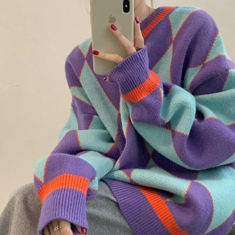 MEXZT Streetwear Argyle Πουλόβερ Γυναικεία Υπερμεγέθη καρό πλεκτά πουλόβερ Vintage Κορεατικά χαλαρά πλεκτά Harajuku Casual Jumper New
