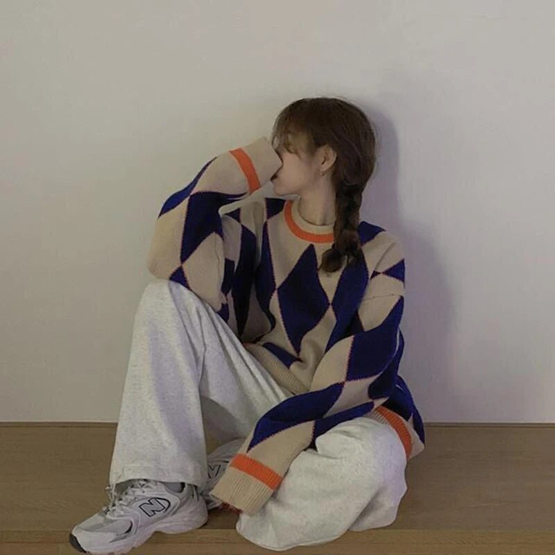 MEXZT Streetwear Argyle Πουλόβερ Γυναικεία Υπερμεγέθη καρό πλεκτά πουλόβερ Vintage Κορεατικά χαλαρά πλεκτά Harajuku Casual Jumper New