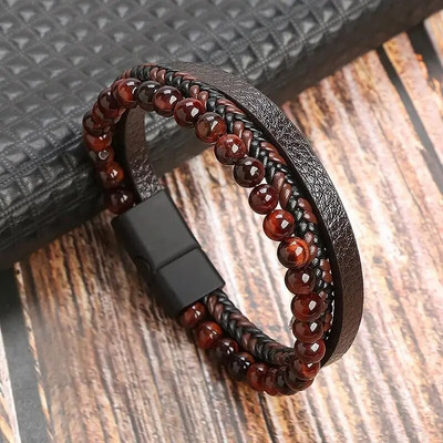Brățară din piele multistrat cu mărgele cu ochi de tigru de modă pentru bărbați farmec punk cu închidere magnetică brățară cadou masculin
