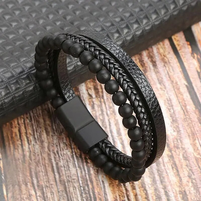 Brățară din piele multistrat cu mărgele cu ochi de tigru de modă pentru bărbați farmec punk cu închidere magnetică brățară cadou masculin