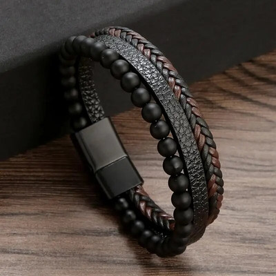 Brățară din piele multistrat cu mărgele cu ochi de tigru de modă pentru bărbați farmec punk cu închidere magnetică brățară cadou masculin