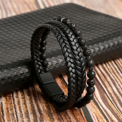 Brățară din piele multistrat cu mărgele cu ochi de tigru de modă pentru bărbați farmec punk cu închidere magnetică brățară cadou masculin