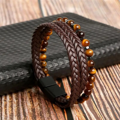 Brățară din piele multistrat cu mărgele cu ochi de tigru de modă pentru bărbați farmec punk cu închidere magnetică brățară cadou masculin