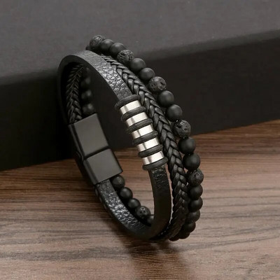 Brățară din piele multistrat cu mărgele cu ochi de tigru de modă pentru bărbați farmec punk cu închidere magnetică brățară cadou masculin