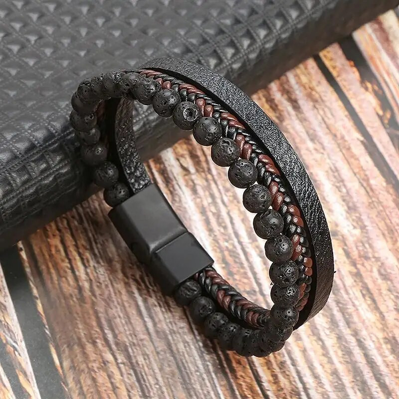Brățară din piele multistrat cu mărgele cu ochi de tigru de modă pentru bărbați farmec punk cu închidere magnetică brățară cadou masculin