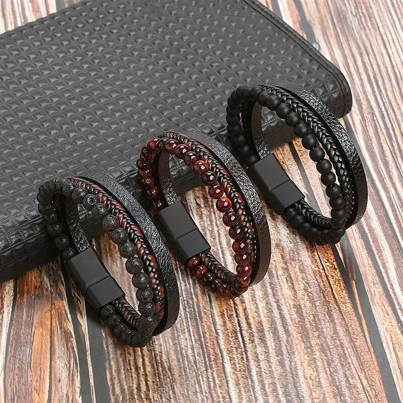 Brățară din piele multistrat cu mărgele cu ochi de tigru de modă pentru bărbați farmec punk cu închidere magnetică brățară cadou masculin