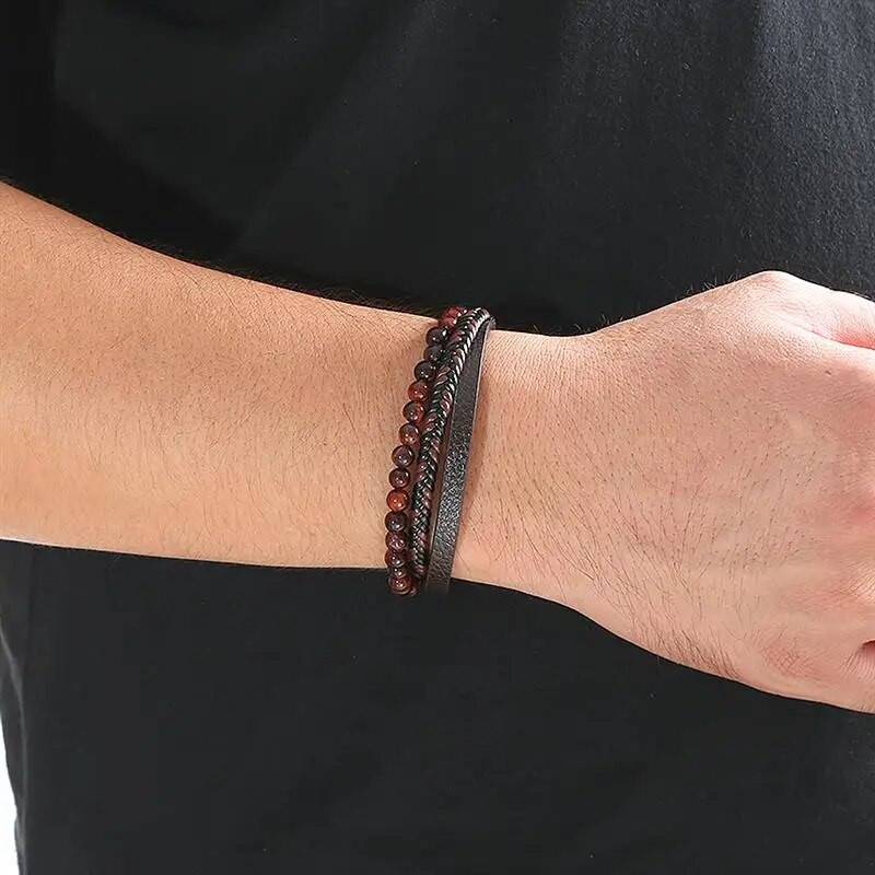 Brățară din piele multistrat cu mărgele cu ochi de tigru de modă pentru bărbați farmec punk cu închidere magnetică brățară cadou masculin
