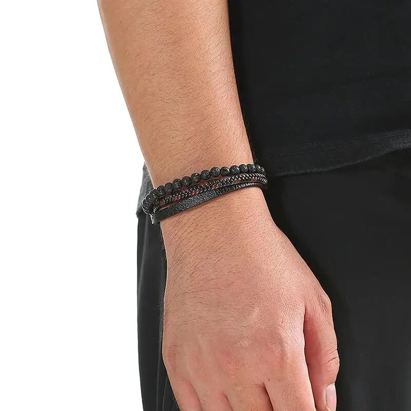 Brățară din piele multistrat cu mărgele cu ochi de tigru de modă pentru bărbați farmec punk cu închidere magnetică brățară cadou masculin