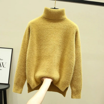 Зимен пуловер с висока яка с висока яка Дамски елегантен дебел кадифе от имитация на норка Топъл пуловер от трикотажни трикотажни трикотажни пуловери