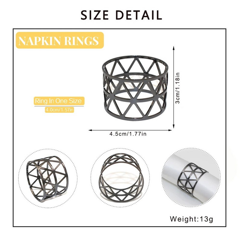 12 gab. Ieroču melni metāla salvešu turētāji dobi, apaļi salvešu gredzeni kāzu ballītei Ziemassvētku Helovīna dekorēšanai HWM35