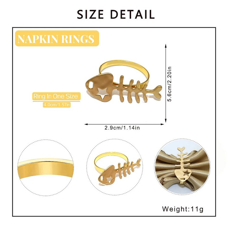 12Gb Matēti zelta salvešu gredzeni Mīlīgs metāla zivju salvešu turētājs kāzu galda dekorēšanai dzimšanas dienas Ziemassvētku ballītes vakariņās HWM229