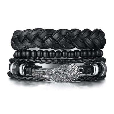 Ανδρικά φτερά Δερμάτινα Σετ βραχιολιών με μανσέτες Βραχιόλι με περιτύλιγμα Πολλαπλών σκελών Βραχιόλι μποέμικο κοσμήματα Δώρα για αυτόν