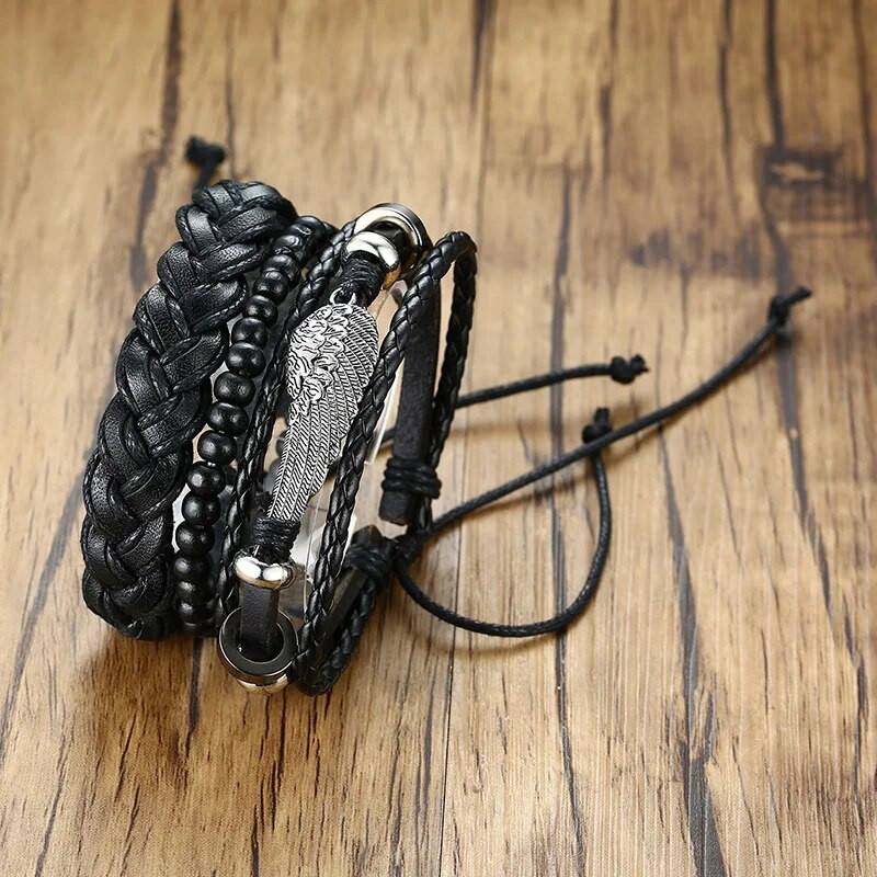 Ανδρικά φτερά Δερμάτινα Σετ βραχιολιών με μανσέτες Βραχιόλι με περιτύλιγμα Πολλαπλών σκελών Βραχιόλι μποέμικο κοσμήματα Δώρα για αυτόν