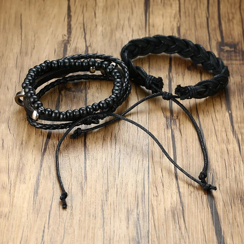 Ανδρικά φτερά Δερμάτινα Σετ βραχιολιών με μανσέτες Βραχιόλι με περιτύλιγμα Πολλαπλών σκελών Βραχιόλι μποέμικο κοσμήματα Δώρα για αυτόν