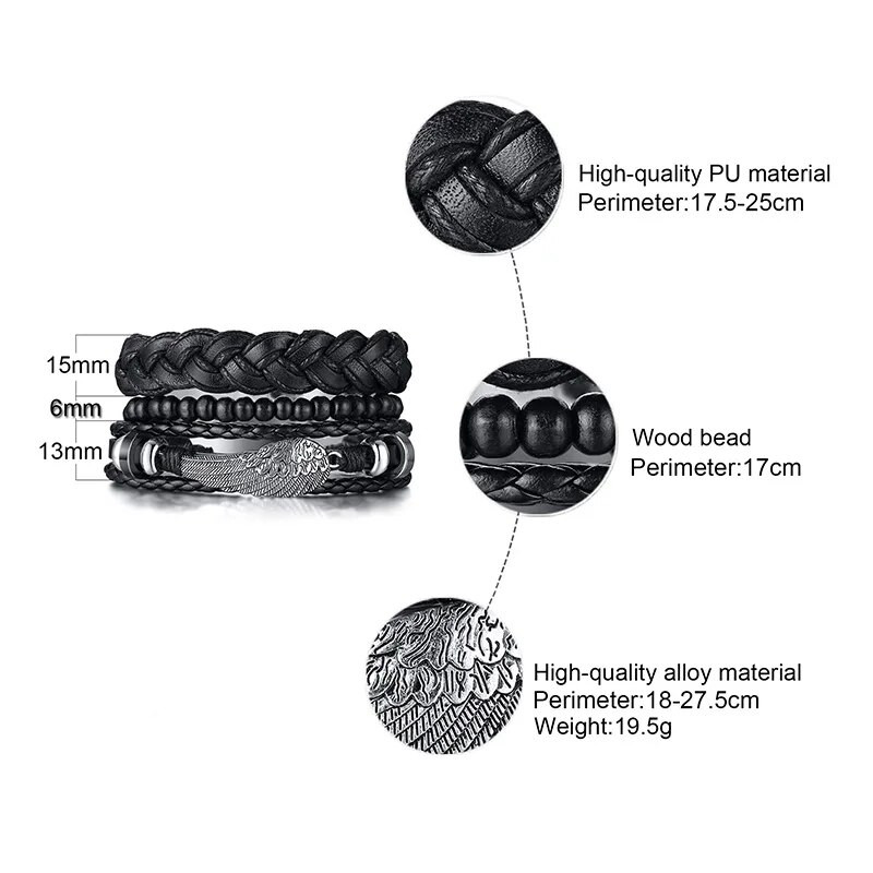 Ανδρικά φτερά Δερμάτινα Σετ βραχιολιών με μανσέτες Βραχιόλι με περιτύλιγμα Πολλαπλών σκελών Βραχιόλι μποέμικο κοσμήματα Δώρα για αυτόν
