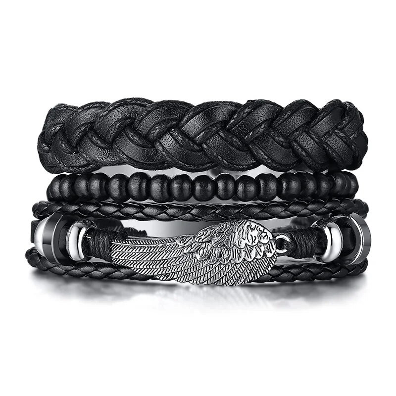 Ανδρικά φτερά Δερμάτινα Σετ βραχιολιών με μανσέτες Βραχιόλι με περιτύλιγμα Πολλαπλών σκελών Βραχιόλι μποέμικο κοσμήματα Δώρα για αυτόν