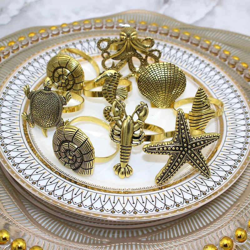 6 db Ocean szalvéta gyűrű tartók Vintage Starfish Lobster Shell szalvéta csat esküvői ünnepekhez vacsora asztaldísz