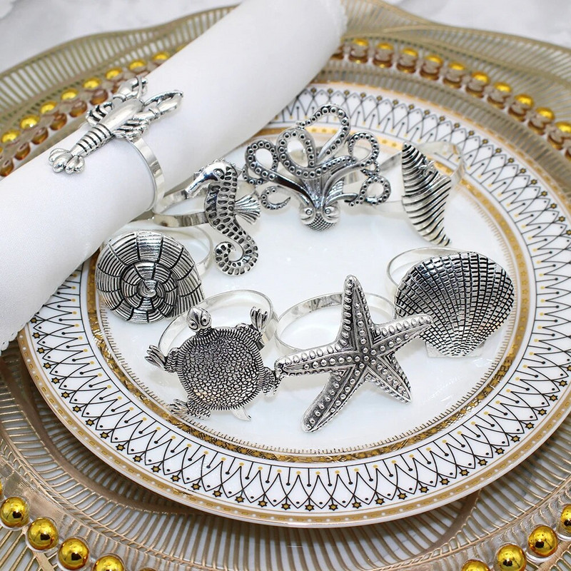 6 db Ocean szalvéta gyűrű tartók Vintage Starfish Lobster Shell szalvéta csat esküvői ünnepekhez vacsora asztaldísz