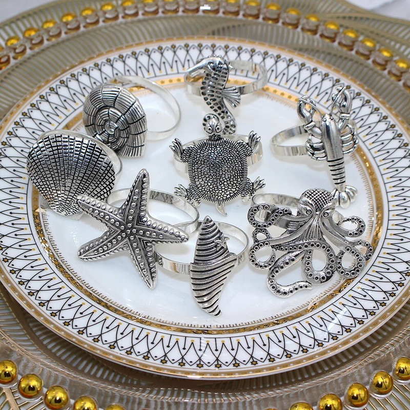 6 db Ocean szalvéta gyűrű tartók Vintage Starfish Lobster Shell szalvéta csat esküvői ünnepekhez vacsora asztaldísz