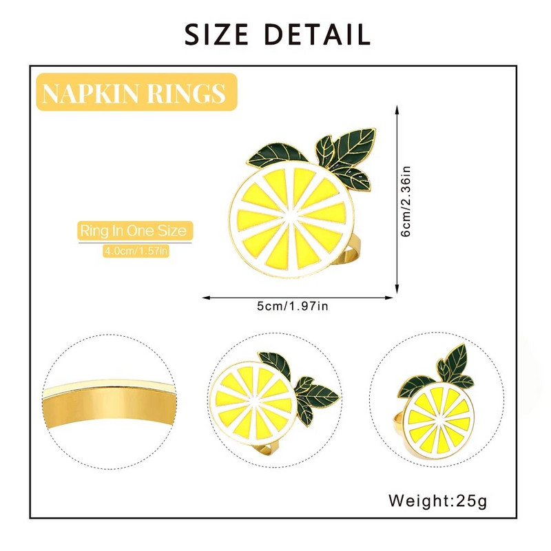 Dvianna 6Gb Citronu salvešu gredzeni Metāla salvešu turētāji dzimšanas dienas kāzām Pavasaris Vasaras vakariņu galda rotājumi HWE96