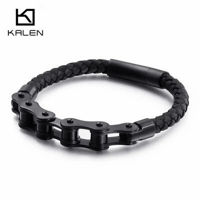 KALEN Hip Hop Jalgrattakett Käevõrud Meestele 21cm Roostevabast Terasest Must Harjatud Keti Nahast Käevõru Rock Ehted