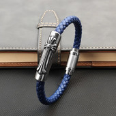 Modes vīriešu krusta rokassprādzes rokas Homme rokassprādzes, austi zilas rokas rotaslietas nerūsējošā tērauda magnēta aizdare Ādas aproces dāvanai