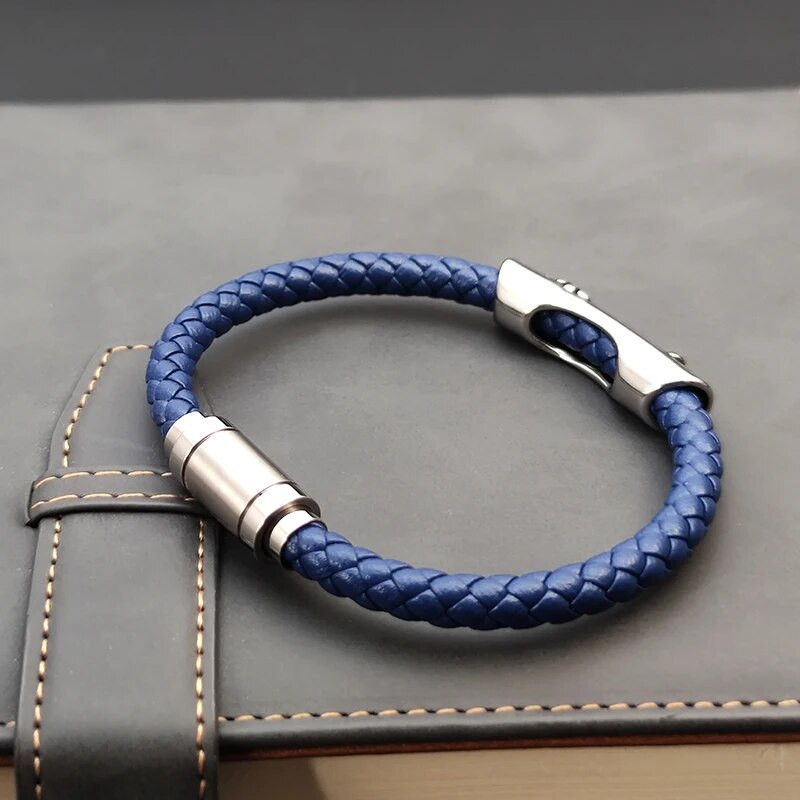 Modes vīriešu krusta rokassprādzes rokas Homme rokassprādzes, austi zilas rokas rotaslietas nerūsējošā tērauda magnēta aizdare Ādas aproces dāvanai