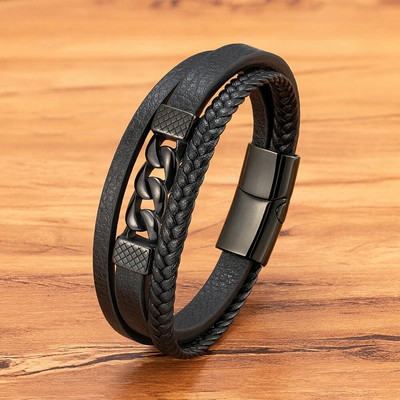 XQNI vīriešu ādas rokassprādze Jauna modes ar rokām austa virve daudzslāņu kombinētais aksesuārs nerūsējošā tērauda vīriešu rotaslietas dāvana