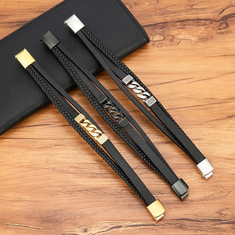 XQNI vīriešu ādas rokassprādze Jauna modes ar rokām austa virve daudzslāņu kombinētais aksesuārs nerūsējošā tērauda vīriešu rotaslietas dāvana