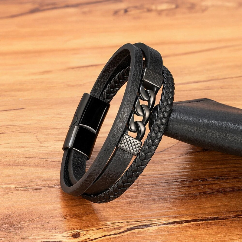 XQNI vīriešu ādas rokassprādze Jauna modes ar rokām austa virve daudzslāņu kombinētais aksesuārs nerūsējošā tērauda vīriešu rotaslietas dāvana