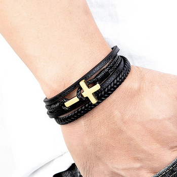 XQNI New Cross Мъжки кожени гривни от неръждаема стомана Магнитна закопчалка Charms Fashion Punk Bangle Homme Christian Jewelry Gifts