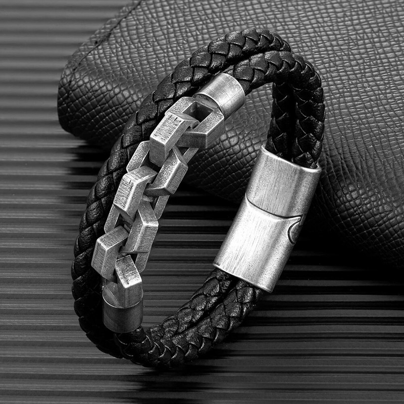 MKENDN retro lokomotīve vīriešu pankroka velosipēdu ķēde divviru ādas aproce nerūsējošā tērauda magnēta sprādze