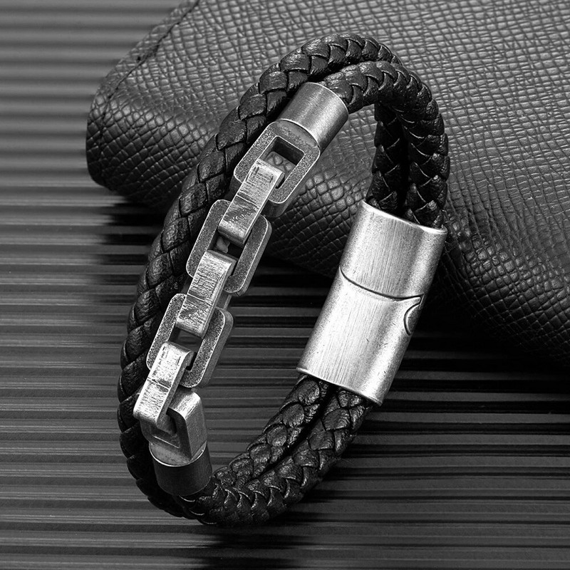 MKENDN retro lokomotīve vīriešu pankroka velosipēdu ķēde divviru ādas aproce nerūsējošā tērauda magnēta sprādze