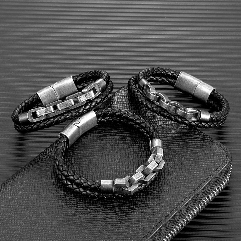 MKENDN retro lokomotīve vīriešu pankroka velosipēdu ķēde divviru ādas aproce nerūsējošā tērauda magnēta sprādze