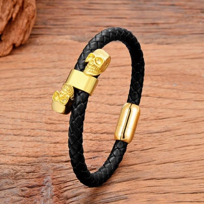 Punk Πολυτελή κοσμήματα σχεδιαστών για άνδρες Βραχιόλια με πόρπη από ανοξείδωτο ατσάλι σε σχήμα κρανίου Χάλκινο επιχρυσωμένο δερμάτινο βραχιόλι Homme