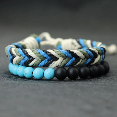 Noter új 2db/szett férfi karkötő, kézzel készített szövésű, állítható zsinórlánc karkötő 8 mm-es természetes láva tigris szemek kő karkötő Homme