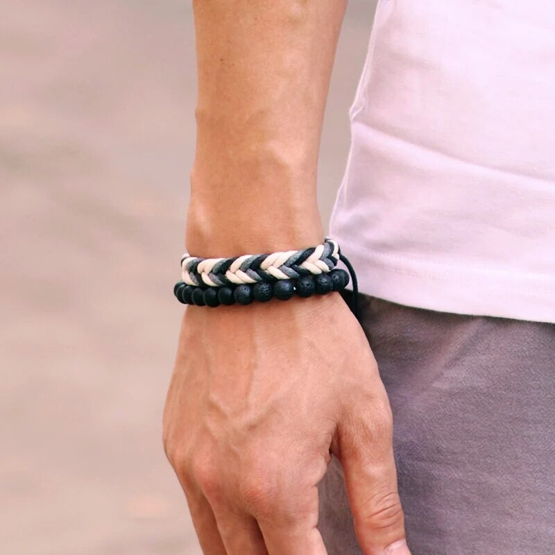Noter új 2db/szett férfi karkötő, kézzel készített szövésű, állítható zsinórlánc karkötő 8 mm-es természetes láva tigris szemek kő karkötő Homme