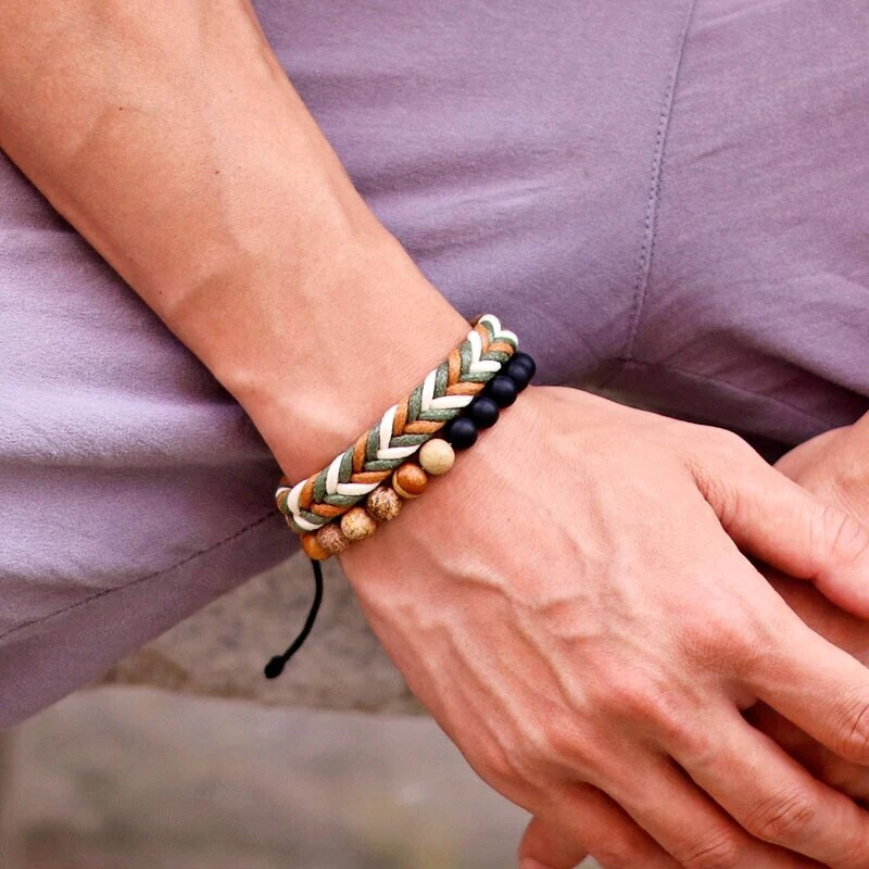 Noter új 2db/szett férfi karkötő, kézzel készített szövésű, állítható zsinórlánc karkötő 8 mm-es természetes láva tigris szemek kő karkötő Homme