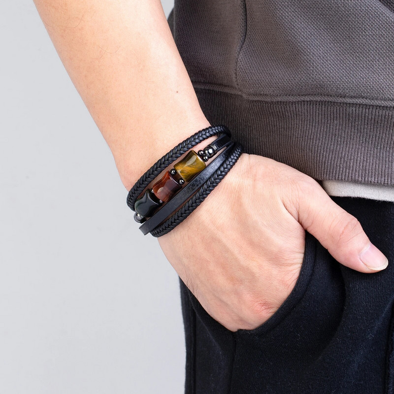 Augstas kvalitātes Tiger Eye Stone vīriešu modes rokassprādzes daudzslāņu šarms ādas virves ķēde vīriešu aproce rotaslietas vīriešiem