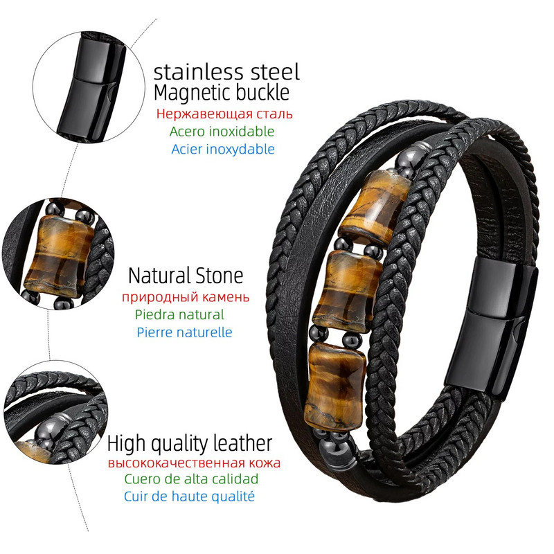 Augstas kvalitātes Tiger Eye Stone vīriešu modes rokassprādzes daudzslāņu šarms ādas virves ķēde vīriešu aproce rotaslietas vīriešiem