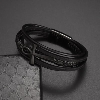 Vintage käsitsi kootud religioosse risti nahast käevõru Egiptuse Ankh elusümboliga kihiline nahast käsitsi magnetklambriga meeste käevõru