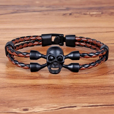 TYO panku stila skeleta raksta galvaskausa dizaina divslāņu sviras PU ādas aproce vīriešiem un zēniem, rotaslietas dāvana