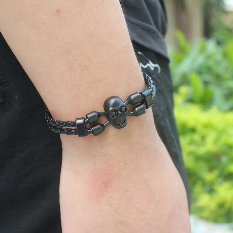 TYO panku stila skeleta raksta galvaskausa dizaina divslāņu sviras PU ādas aproce vīriešiem un zēniem, rotaslietas dāvana