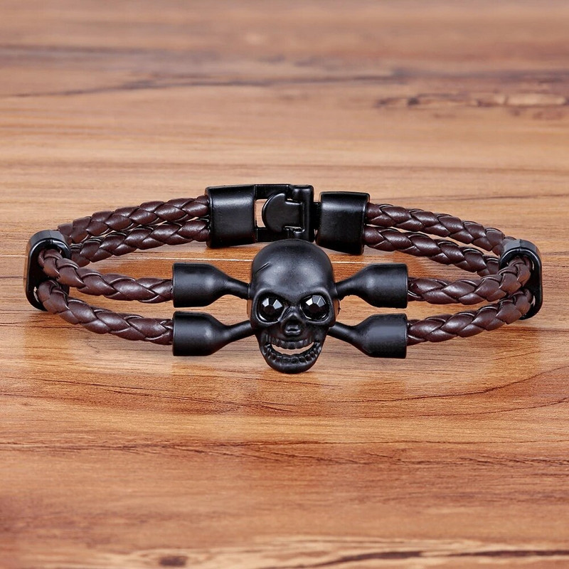 TYO panku stila skeleta raksta galvaskausa dizaina divslāņu sviras PU ādas aproce vīriešiem un zēniem, rotaslietas dāvana