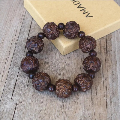 Βραχιόλι θεραπείας προσευχής για ανδρικό Θιβετιανό Βούδα Μαύρο Ξυλογλυπτό Lotus Βραχιόλι Mala Chakra Strand Τυχερό κόσμημα