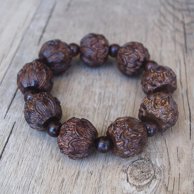 Βραχιόλι θεραπείας προσευχής για ανδρικό Θιβετιανό Βούδα Μαύρο Ξυλογλυπτό Lotus Βραχιόλι Mala Chakra Strand Τυχερό κόσμημα