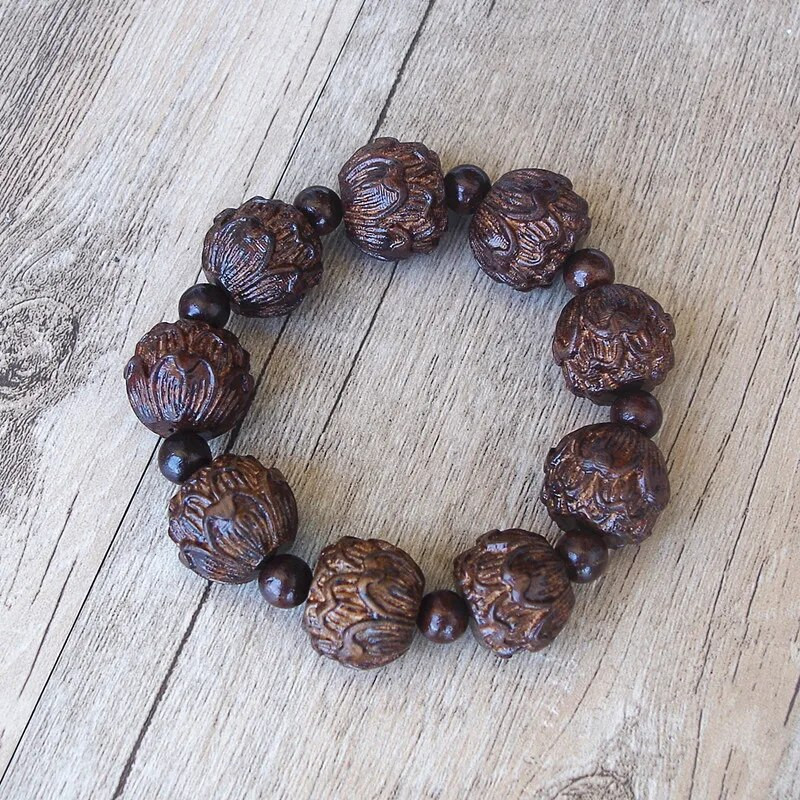 Βραχιόλι θεραπείας προσευχής για ανδρικό Θιβετιανό Βούδα Μαύρο Ξυλογλυπτό Lotus Βραχιόλι Mala Chakra Strand Τυχερό κόσμημα