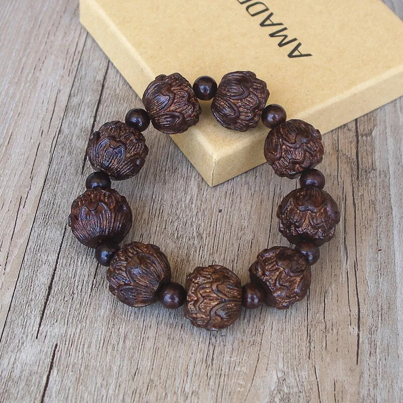 Βραχιόλι θεραπείας προσευχής για ανδρικό Θιβετιανό Βούδα Μαύρο Ξυλογλυπτό Lotus Βραχιόλι Mala Chakra Strand Τυχερό κόσμημα