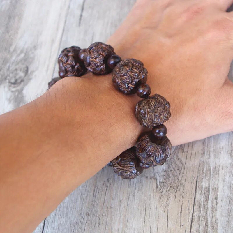 Βραχιόλι θεραπείας προσευχής για ανδρικό Θιβετιανό Βούδα Μαύρο Ξυλογλυπτό Lotus Βραχιόλι Mala Chakra Strand Τυχερό κόσμημα