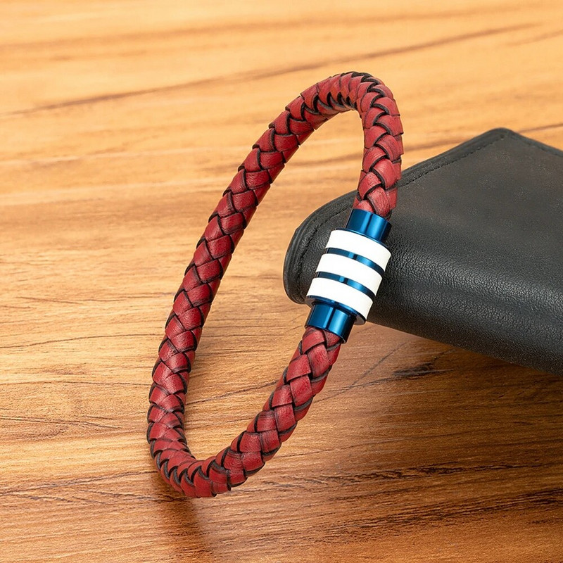 XQNI Κόκκινο Χρώμα Ανδρικό βραχιόλι Δερμάτινο κούμπωμα από ανοξείδωτο ατσάλι Ουδέτερα αξεσουάρ Χειροποίητο γούρι από σχοινί Δώρα γενεθλίων